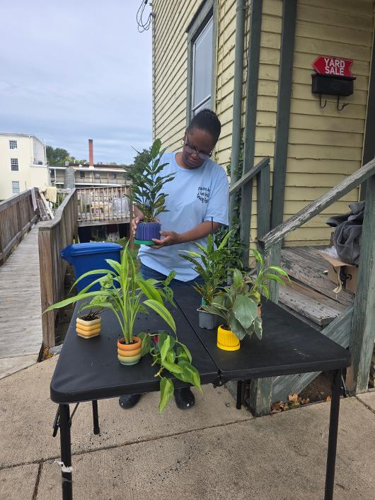 A GWSoSF volunteer arranging potted plants on a table beside a yard sale sign
